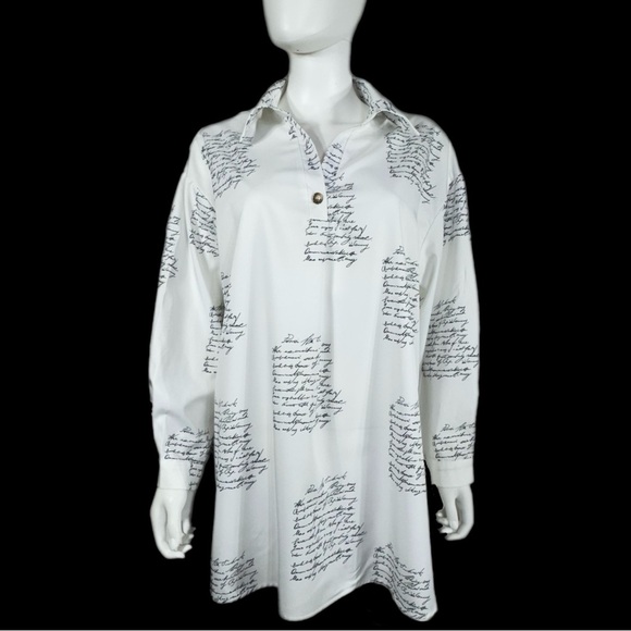 Women’s White Collared Pullover Love Note Print Long Sleeve Tunic - Picture 1 of 6
